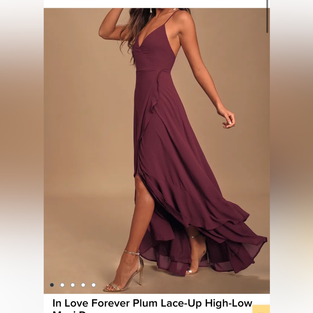 Lulu’s In Love Forever Plum Lace-Up High-Low Maxi Dress, size Medium- NEW